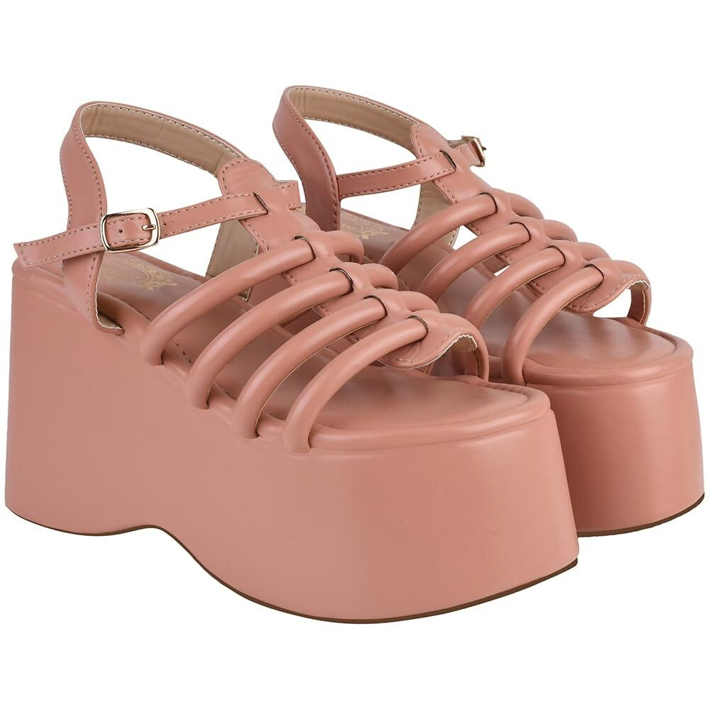 Shoetopia Women's Peach Platform Sandals Chunky Wedge Gladiator Style|| Caged Straps & Adjustable Buckle  Trendy Summer Footwear Eu35