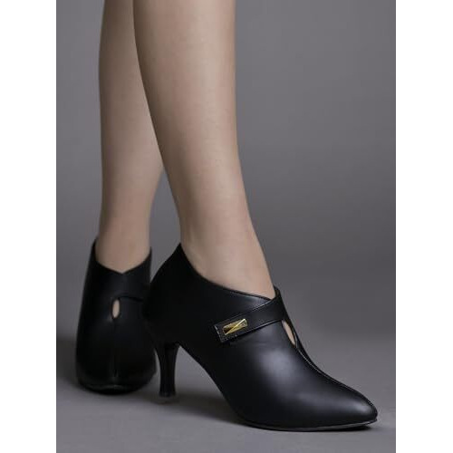 Shoetopia Women's Black Pointed Toe Heeled Bellies  Elegant Slip-On Pumps With Strap Detail | Office Shoes Eu36