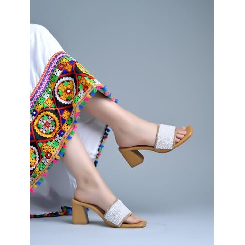 Shoetopia Embellished Pearl Kitten Heels For Women & Girls /Eu36