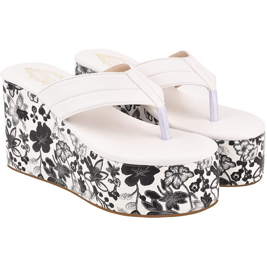 Shoetopia Floral Printed Heel Detailed White Wedges For Women & Girls /Uk5