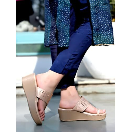 Shoetopia Classic Heeled Rose-Gold Kolhapuri For Women & Girls /Eu41