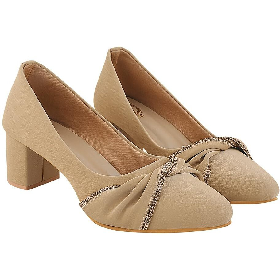 Shoetopia Rhinestone Decor Pointed Toe Stylish Beige Pumps For Women & Girls /Eu38