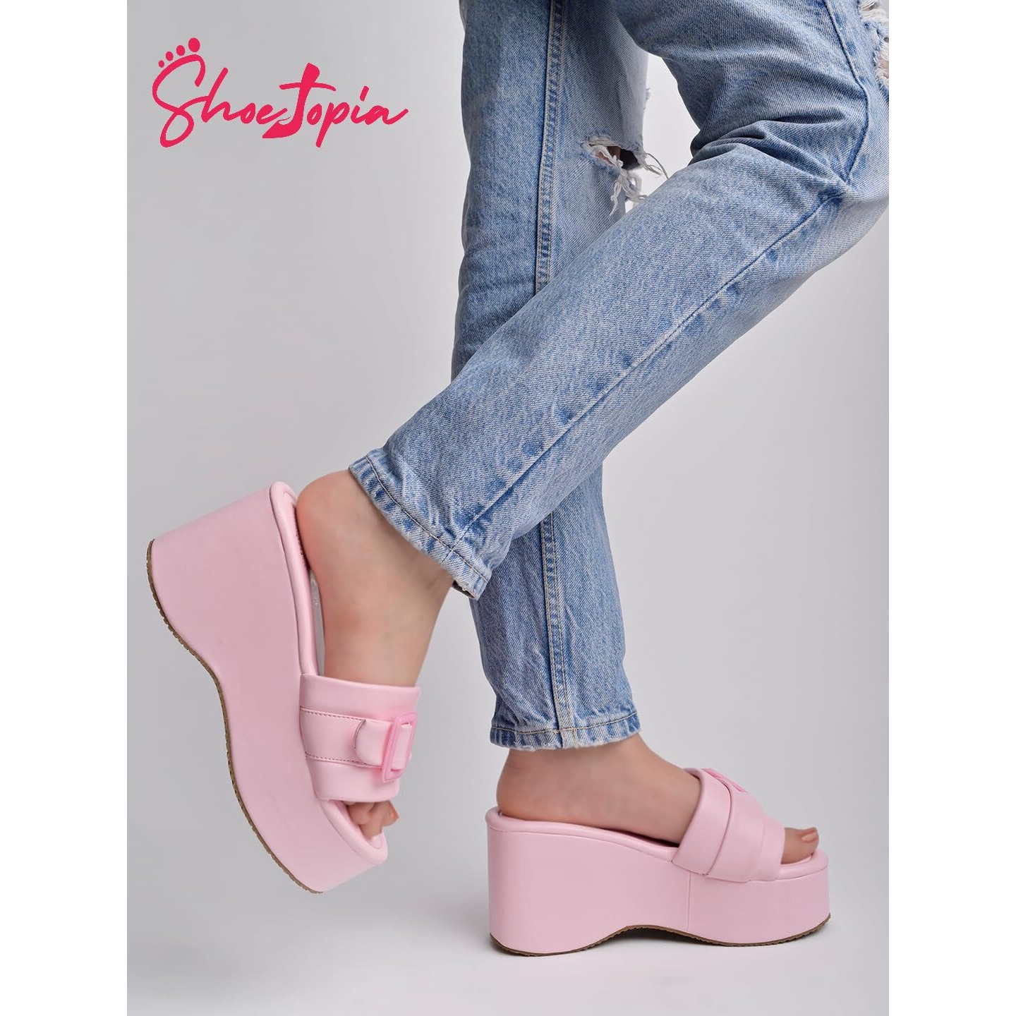Shoetopia Women's Pink Platform Slip-On Sandals  Chunky Wedge Slides With Buckle Strap Stylish Comfortable, Durable Perfect For Casual & Party Eu35