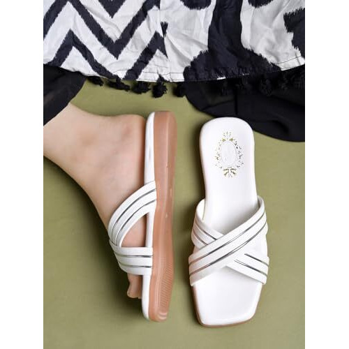 Shoetopia Embellished Cross Strap White Flats For Women /Eu41