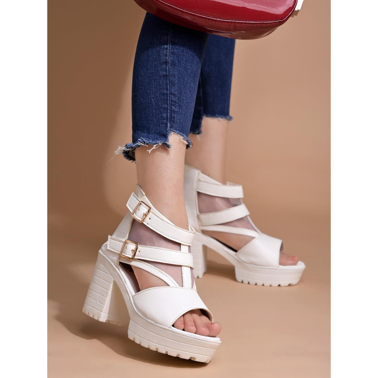 Shoetopia Strappy White Heeled Sandals For Women & Girls /Eu36