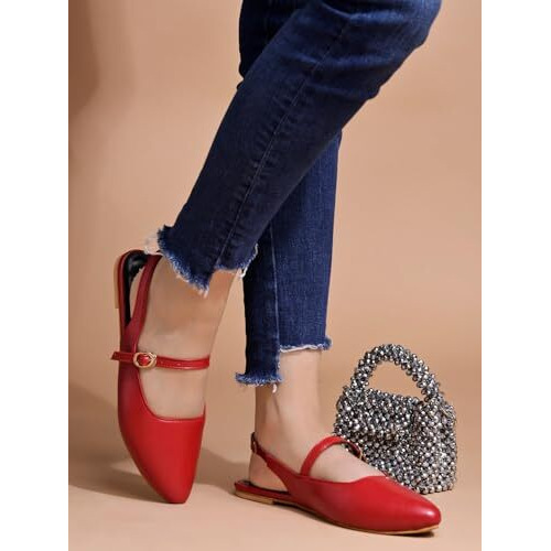 Women's Pointed-Toe Flats  Stylish Slingback Ballerina Shoes With Adjustable Strap  Casual & Office Wear Red Eu40