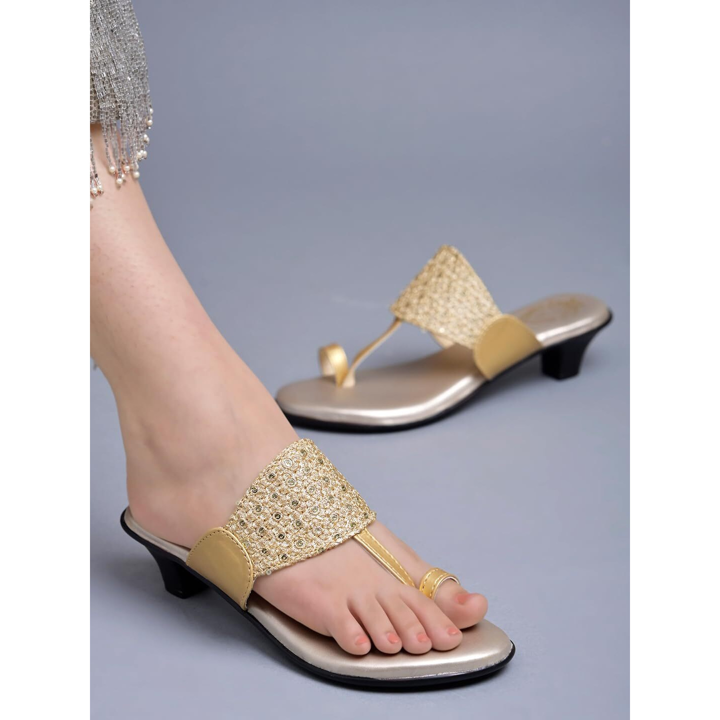 Shoetopia Classic Heeled Golden Kolhapuri For Women & Girls /Eu41