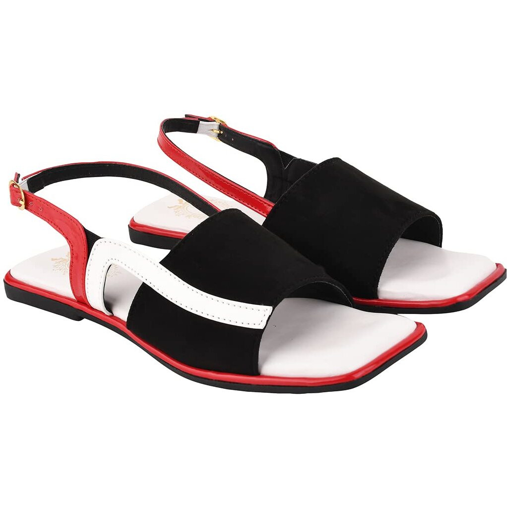 Shoetopia Solid Square Toe Black & Red Flat Sandals For Women & Girls /Uk7