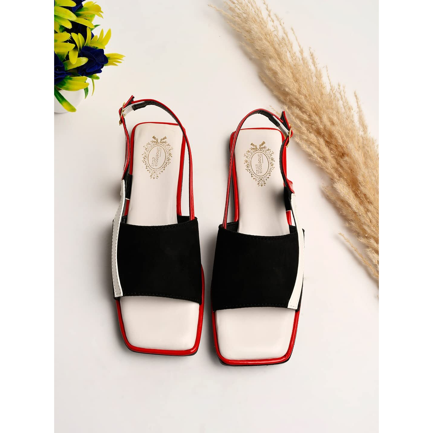 Shoetopia Solid Square Toe Black & Red Flat Sandals For Women & Girls /Uk7