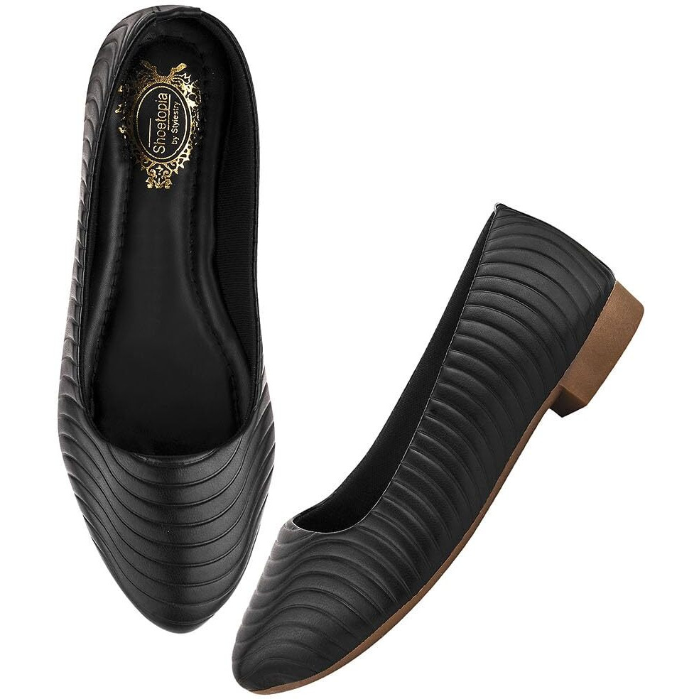Shoetopia Women's Blacktextured Bellies  Elegant Slip-On Flats With Wavy Design For Daily, Office & Casual Eu37