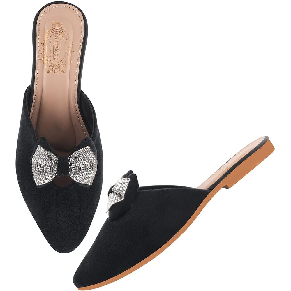 Shoetopia Embellished Black Flat Mules For Women & Girls-Eu39
