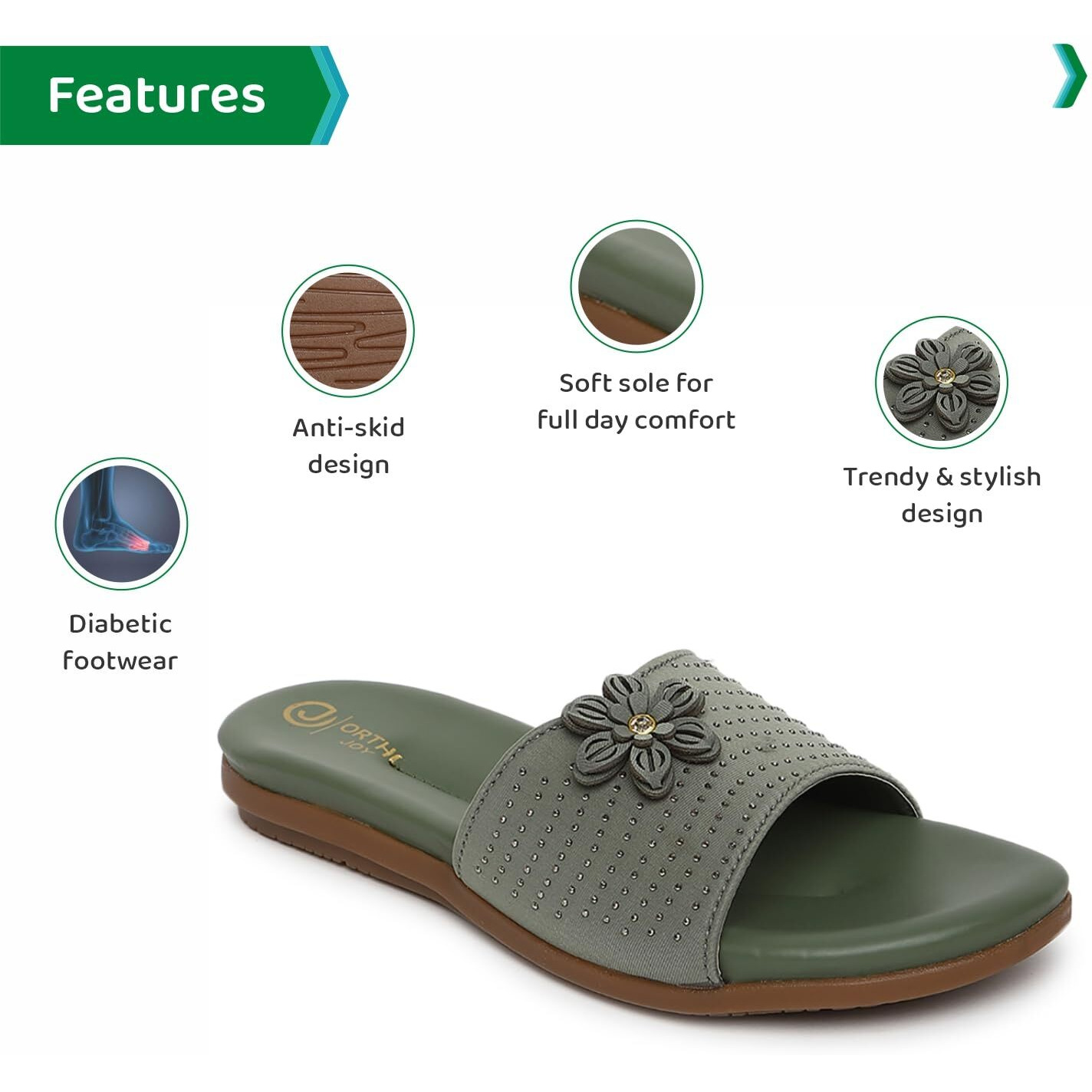 Ortho Joy Fancy Doctor Slipper For Women | Stylish Comfortable Footwear For Women Green Color