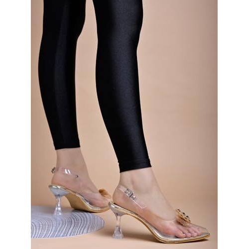 Shoetopia Stylish Trasparent Detailed Golden Heels For Women & Girls /Eu38