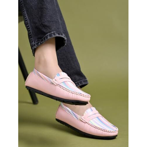 Shoetopia Upper Strip Detailed Pink Loafers For Women & Girls /Eu39
