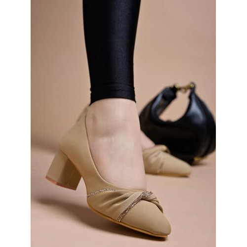 Shoetopia Rhinestone Decor Pointed Toe Stylish Beige Pumps For Women & Girls /Eu39