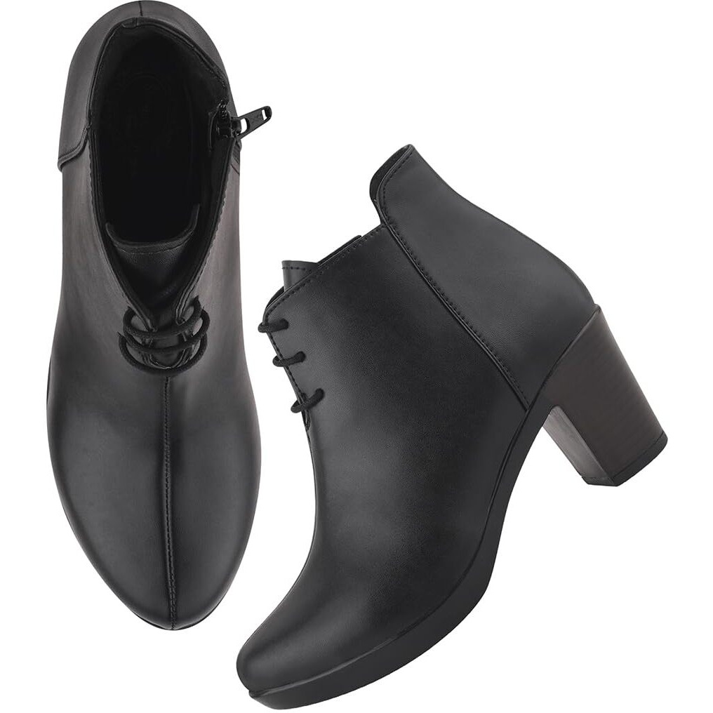Shoetopia Women's Black Leather Ankle Booties With Block Heel And Lace-Up Closure  Stylish Mid-Heel Dress Boots For Office & Casual Eu37