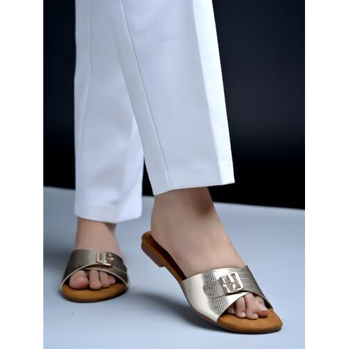 Shoetopia Buckle Detailed Golden Flats For Women & Girls /Eu38