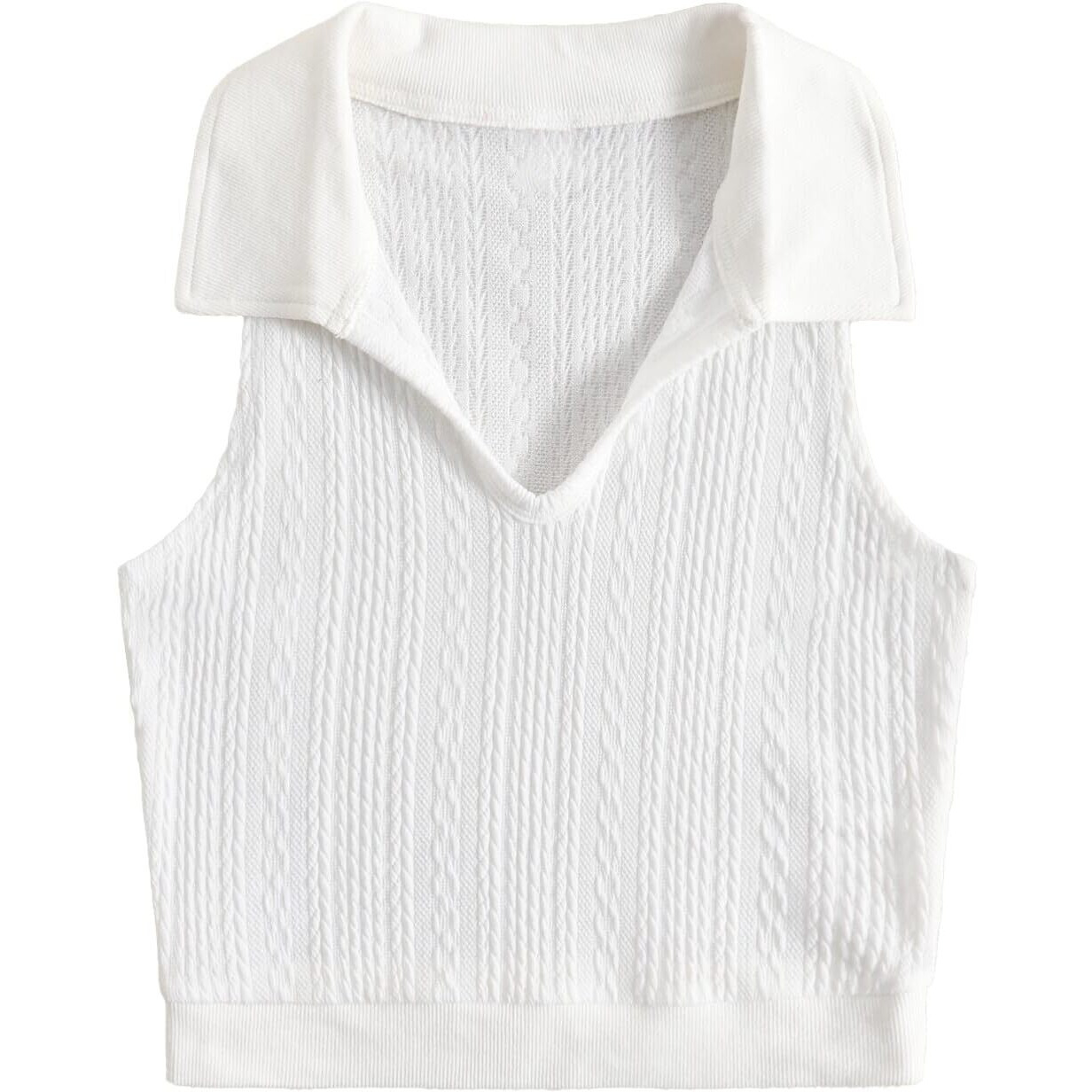 Toplot Women's V-Neck Solid Textured Tank Top (Collar-Tank-Top-5193-White-L)