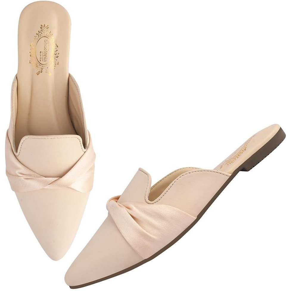 Shoetopia Women's Creamslip-On Mules  Pointed Toe Flats With Satin Ribbon Detailing | Stylish Casual & Office Eu41