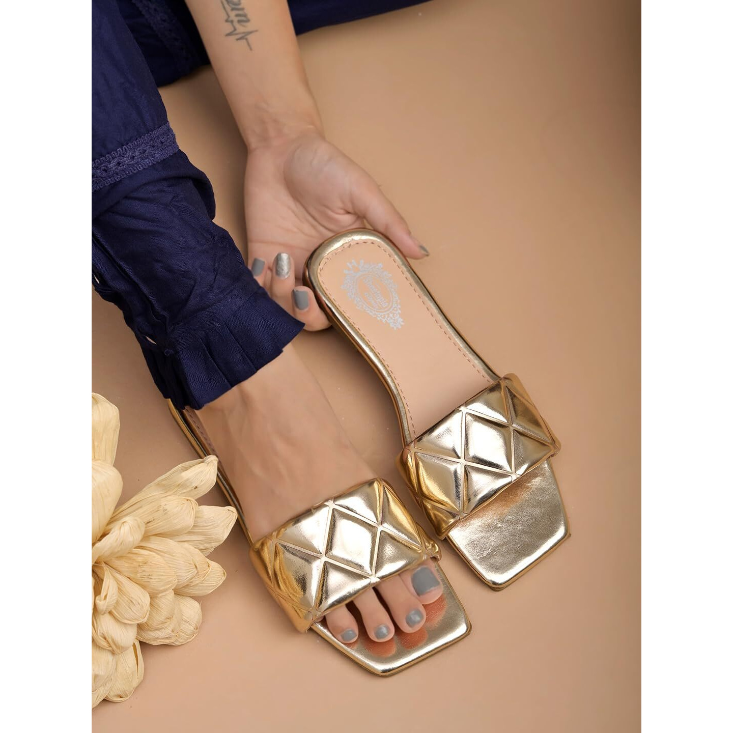 Shoetopia Stylish Embellished Golden Flats For Women /Eu41