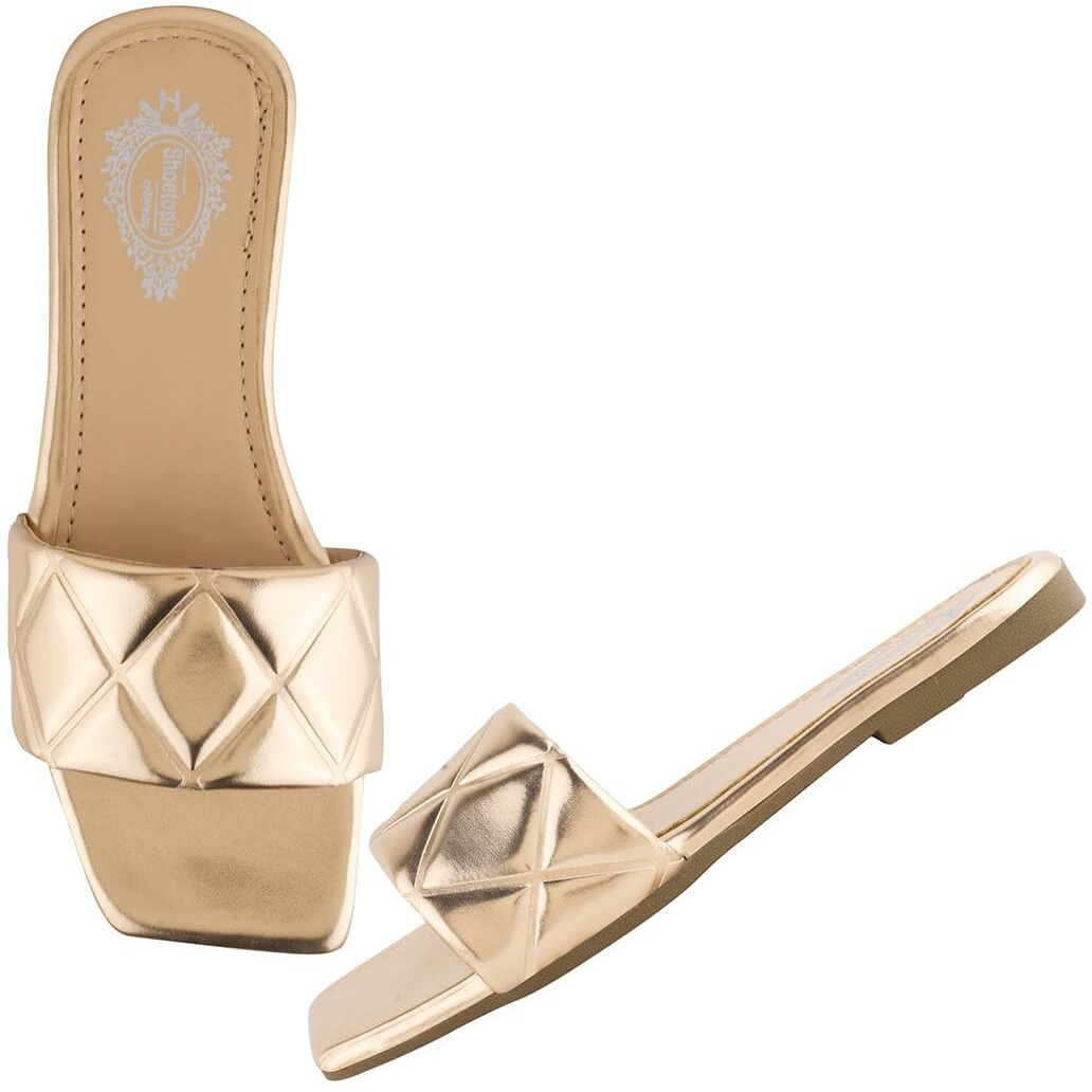 Shoetopia Stylish Embellished Golden Flats For Women /Eu40
