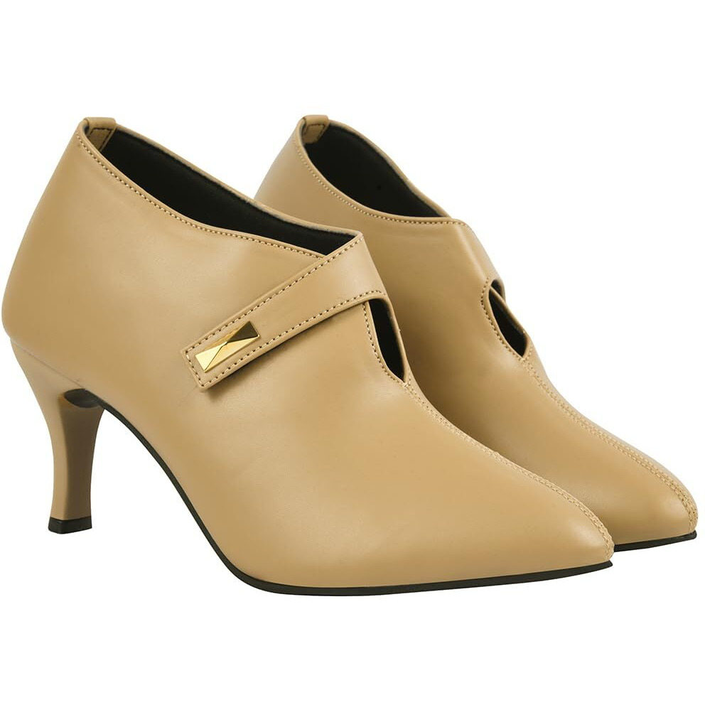 Shoetopia Women's Tan Pointed Toe Heeled Bellies  Elegant Slip-On Pumps With Strap Detail | Office Shoes Eu37