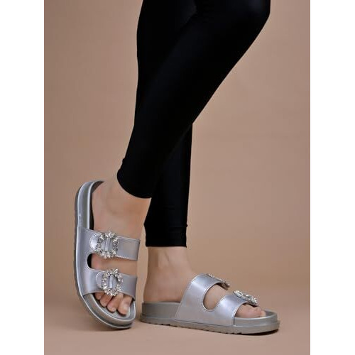 Shoetopia Embellished Silver Flats For Women /Eu36
