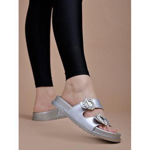 Shoetopia Embellished Silver Flats For Women /Eu36