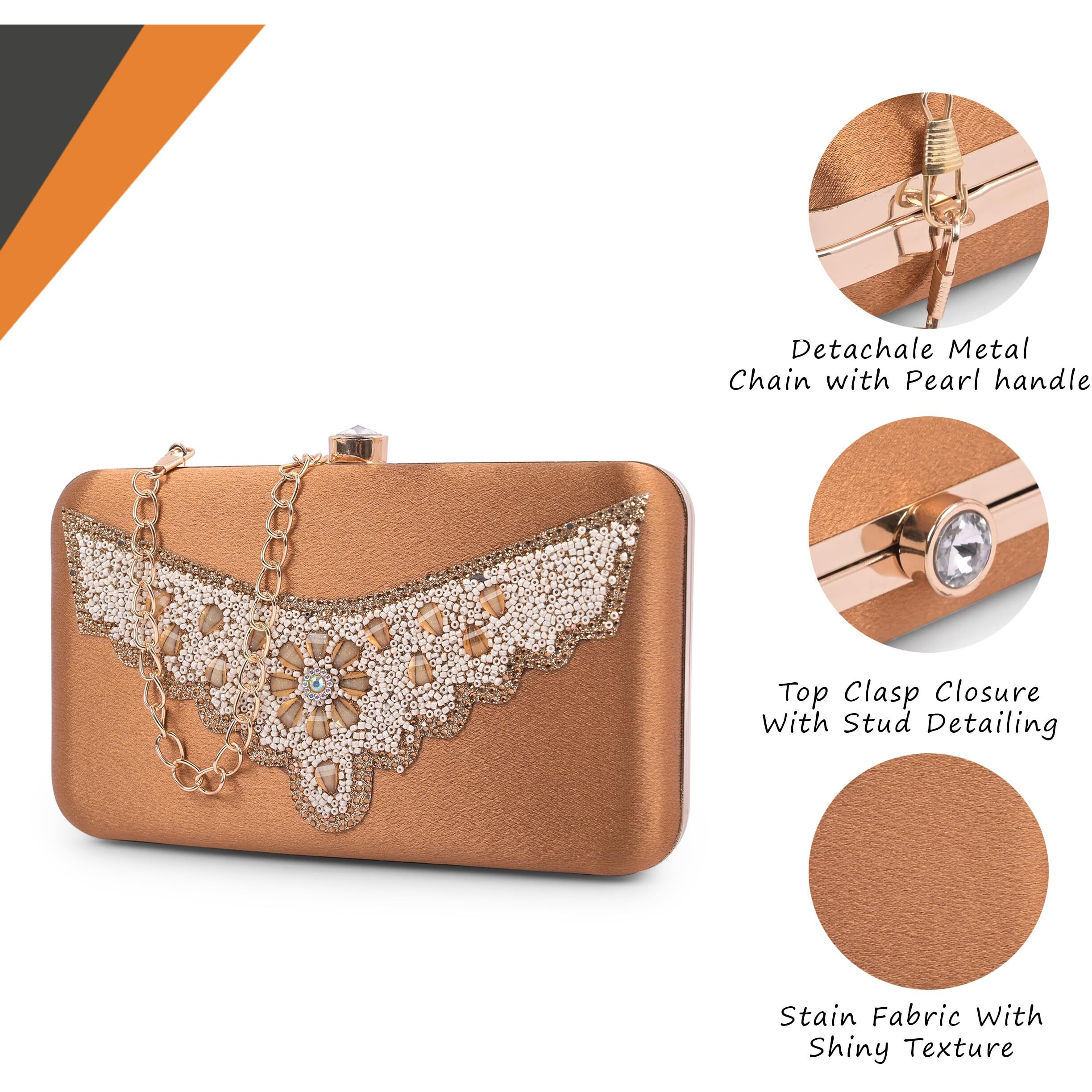 Adisa Beaded Formal Party Clutch With Pearls Handle Gold Chain For Women And Girls (Cl110-Cop)