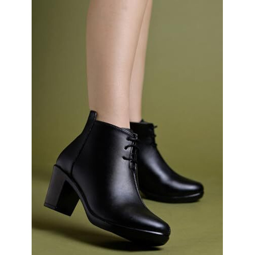 Shoetopia Women's Black Leather Ankle Booties With Block Heel And Lace-Up Closure  Stylish Mid-Heel Dress Boots For Office & Casual Eu41