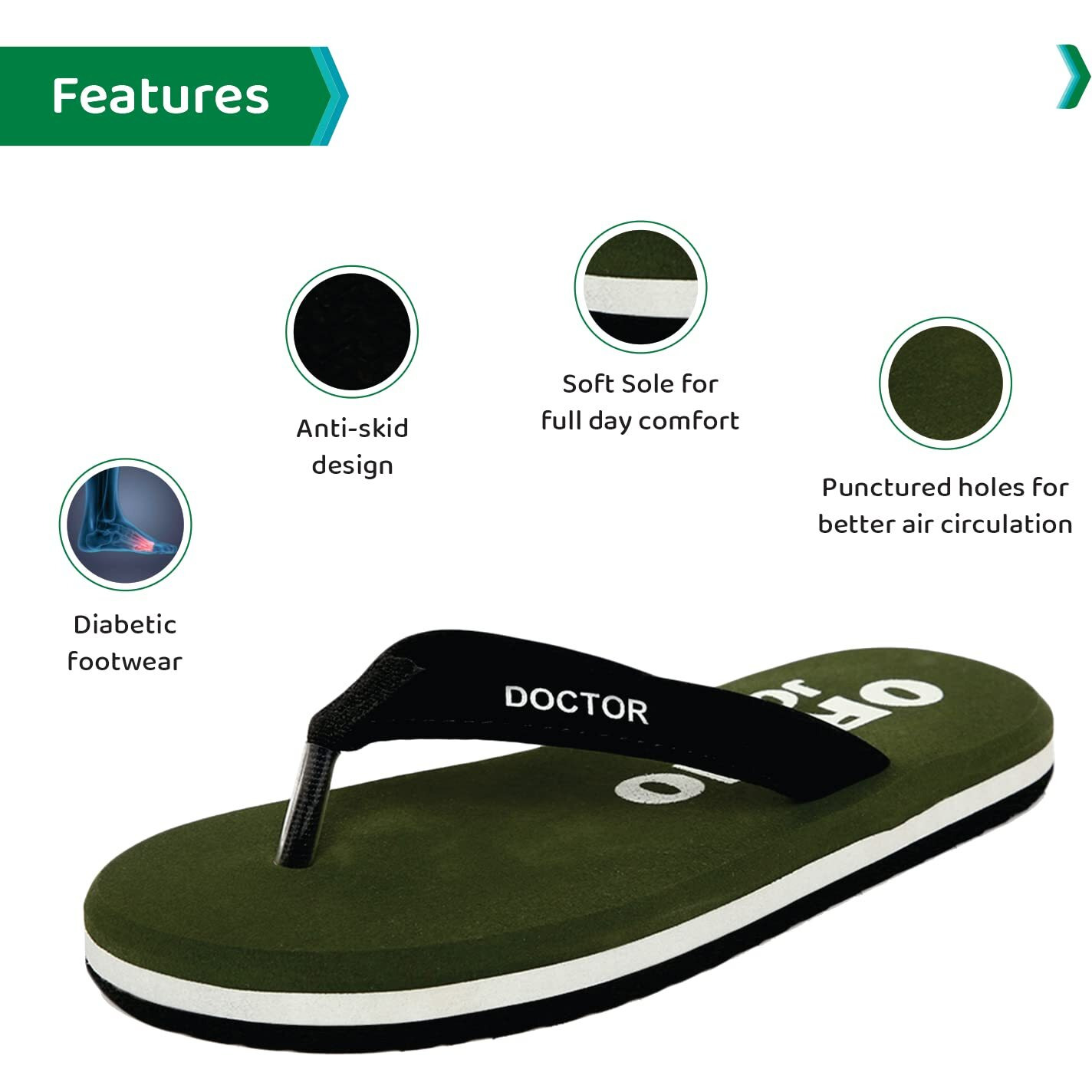 Ortho Joy Men's Soft Ortho Care Orthopedic And Diabetic Super Fit Comfort Mcr Doctor Flip-Flop Slippers (Green)
