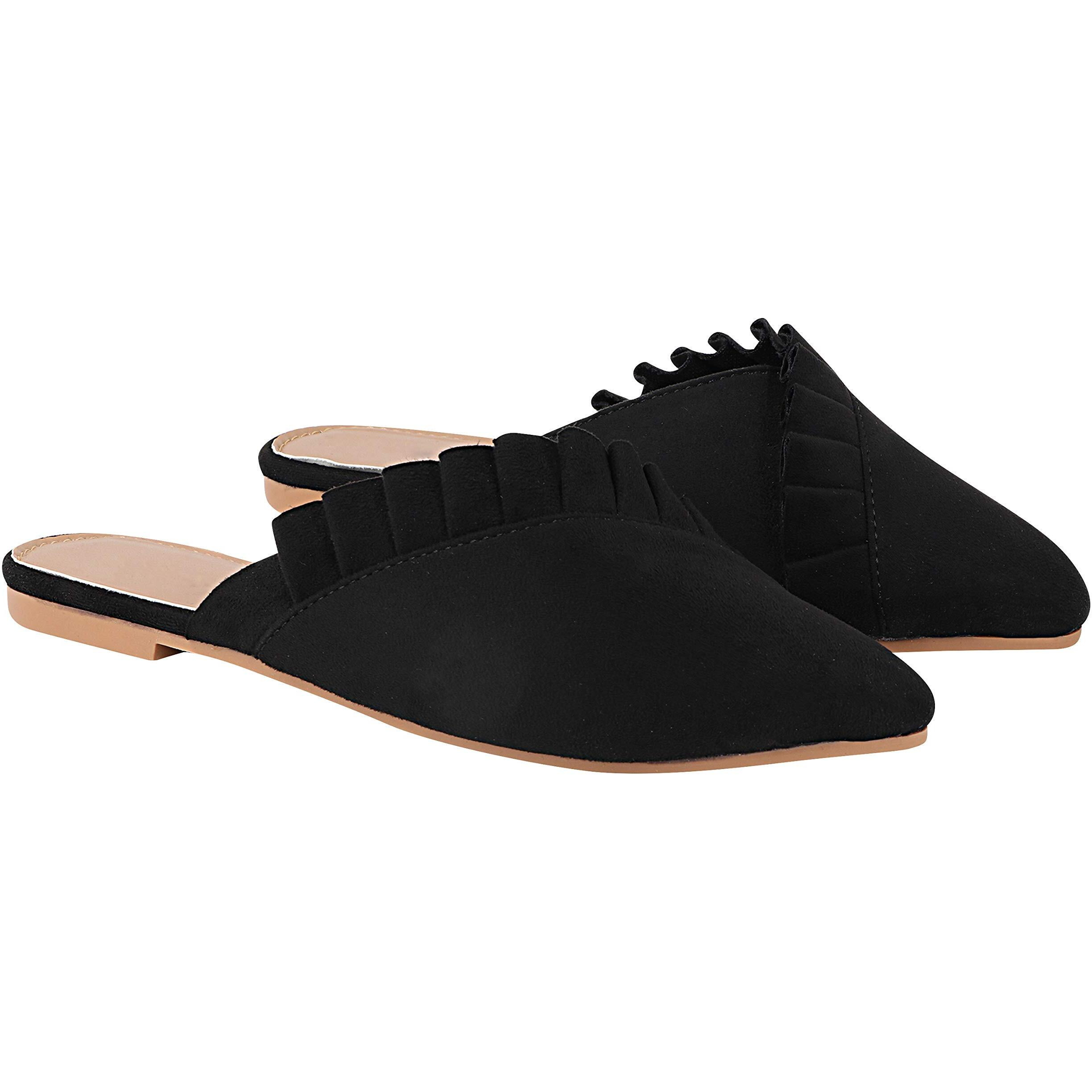 Shoetopia Women's Blackfrill Mules  Stylish Slip-On Flats With Pointed Toe & Ruffle Detailing For Casual Eu39