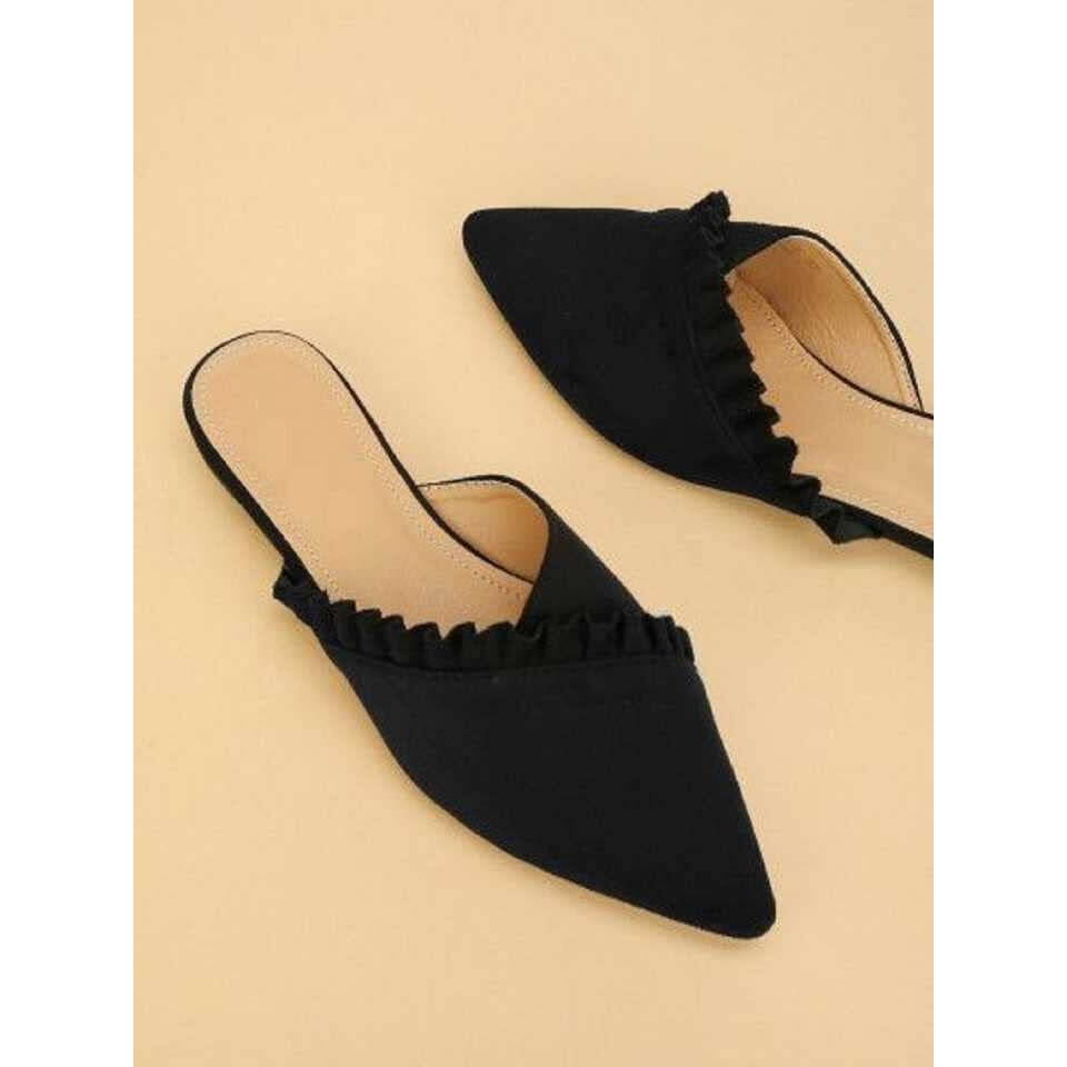 Shoetopia Women's Blackfrill Mules  Stylish Slip-On Flats With Pointed Toe & Ruffle Detailing For Casual Eu39