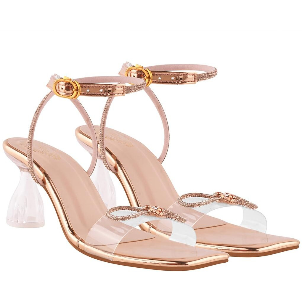 Shoetopia Stylish Embellished Rhinstone Detailed Golden Heels For Women & Girls /Eu36