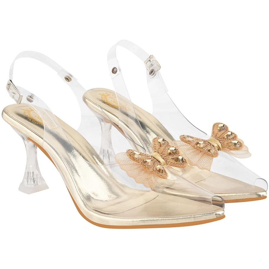 Shoetopia Stylish Trasparent Detailed Golden Heels For Women & Girls /Eu37