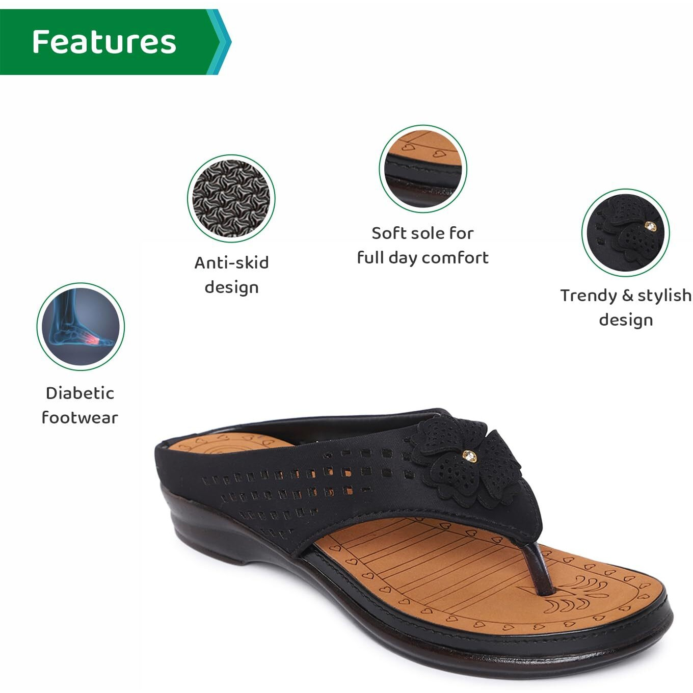 Ortho Joy Womens Fancy Doctor Soft Comfortable Slippers - Black