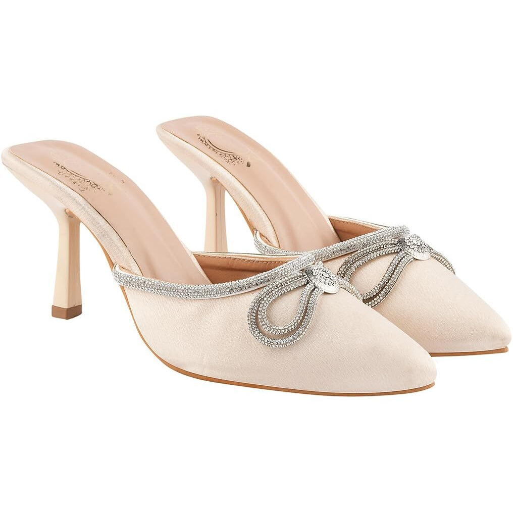 Shoetopia Women's Golden Elegant Ivory Satin Mule Heels With Crystal Bow  Pointed Toe Slip-On Dress Rhinestone For Party Or Evening Events Eu36