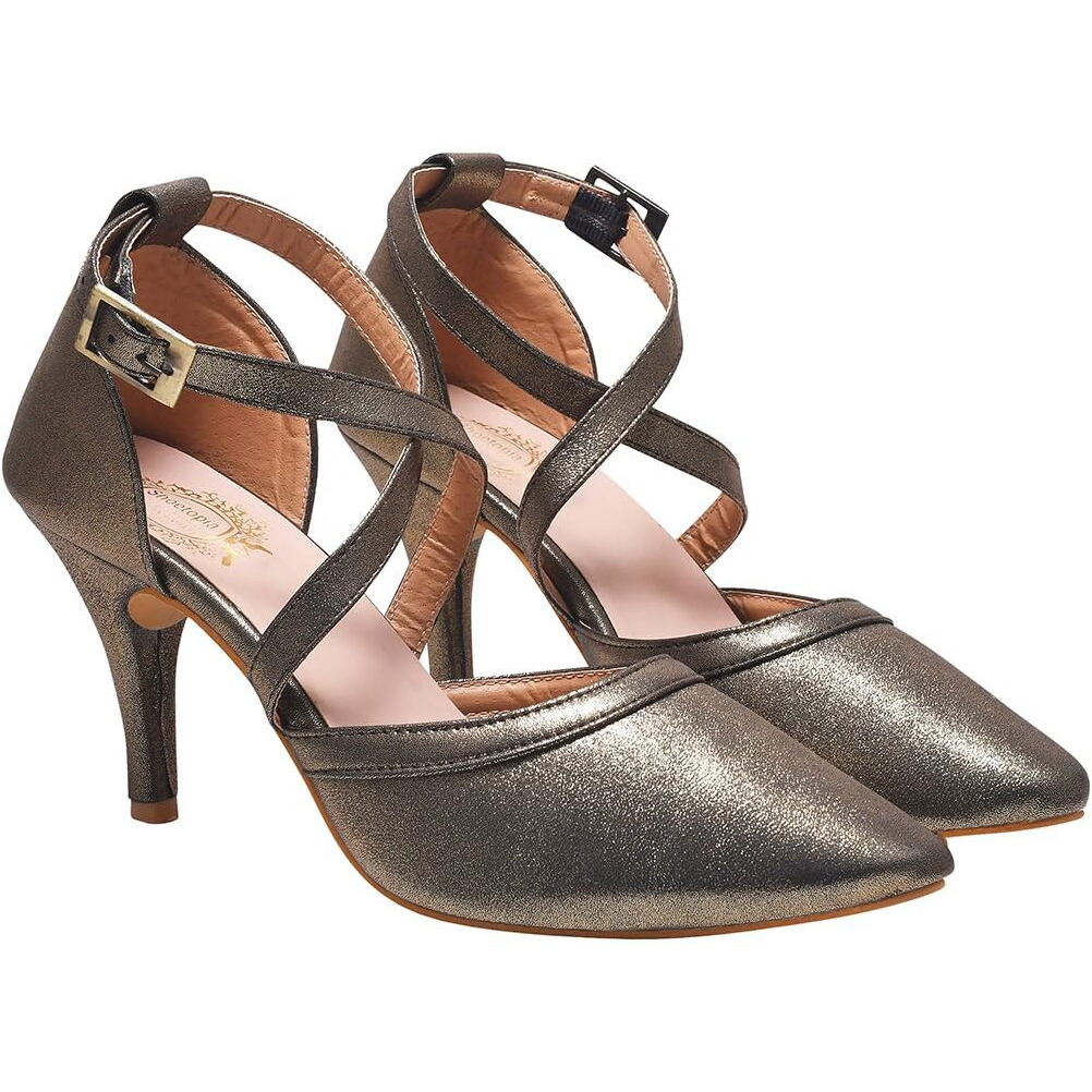 Shoetopia Women's Antique Patent Leather Heels || Cross Strap Closed Toe Pumps With Buckle || Stylish High Heel Perfect For Office, Weddings, Cocktail Parties & Formal Events Eu35