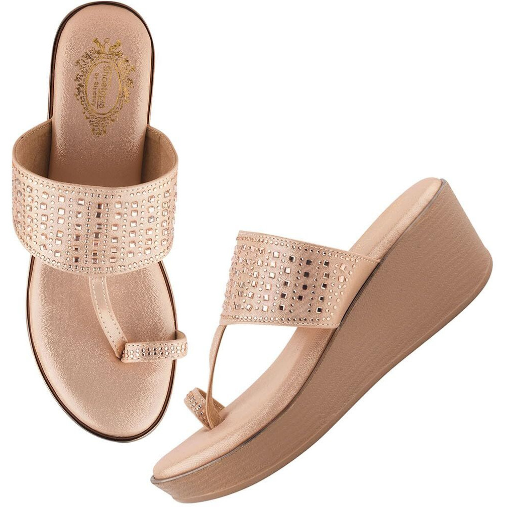Shoetopia Classic Heeled Rose-Gold Kolhapuri For Women & Girls /Eu38