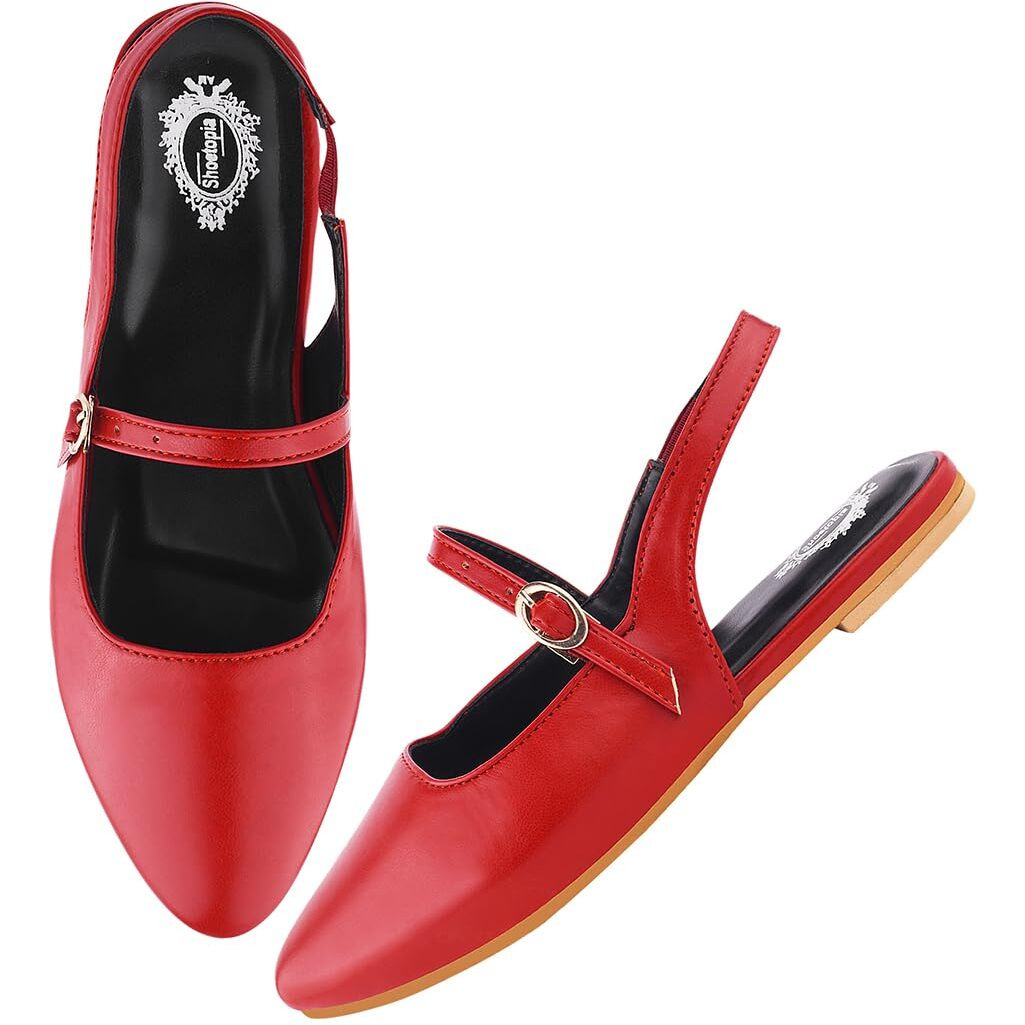 Women's Pointed-Toe Flats  Stylish Slingback Ballerina Shoes With Adjustable Strap  Casual & Office Wear Red Eu41