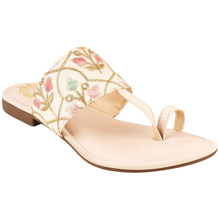 Shoetopia Embroidered Ethnic Cream Kolhapuri Flats For Women & Girls /Uk4
