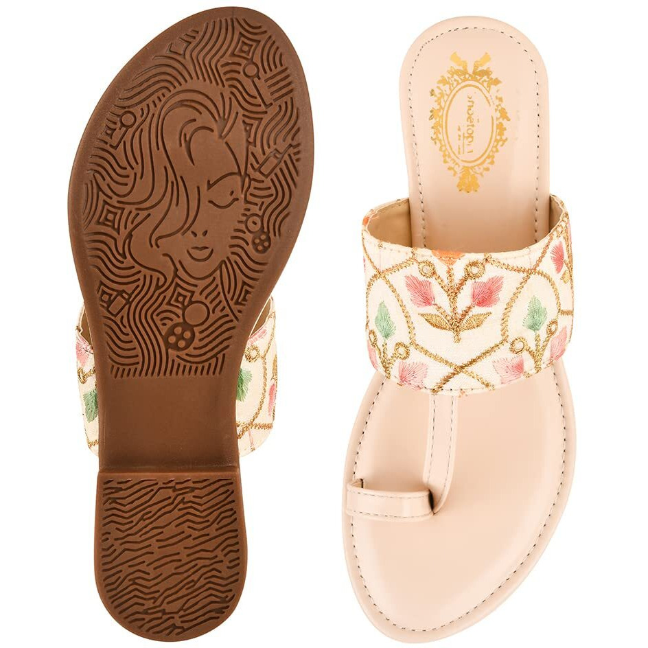 Shoetopia Embroidered Ethnic Cream Kolhapuri Flats For Women & Girls /Uk4