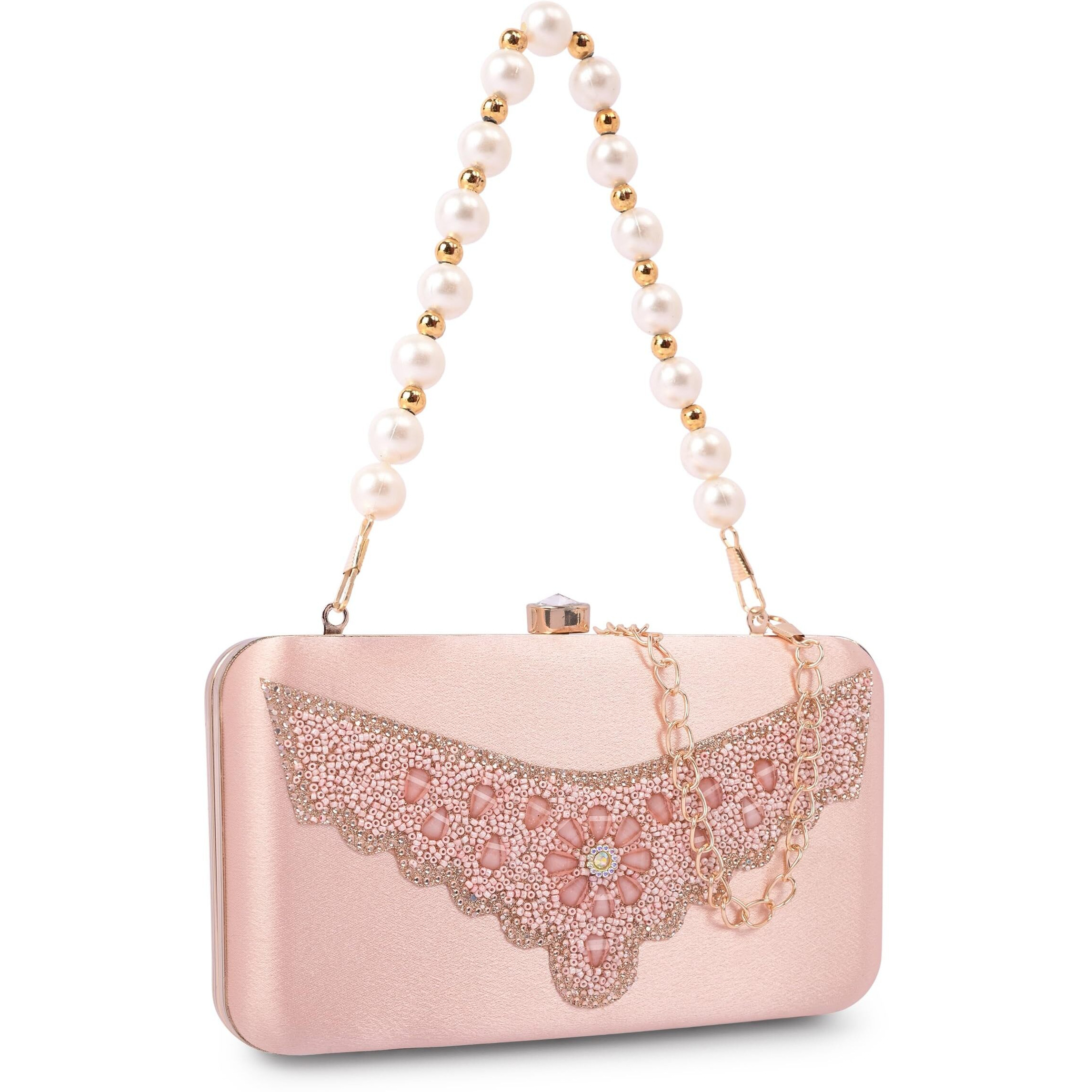 Adisa Beaded Formal Party Clutch With Pearls Handle Gold Chain For Women And Girls (Cl110-Pin)