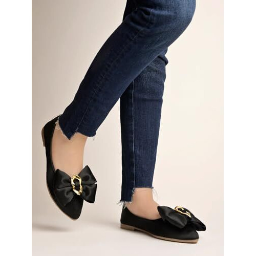 Shoetopia Women's Block Heel Ballet Flats Black