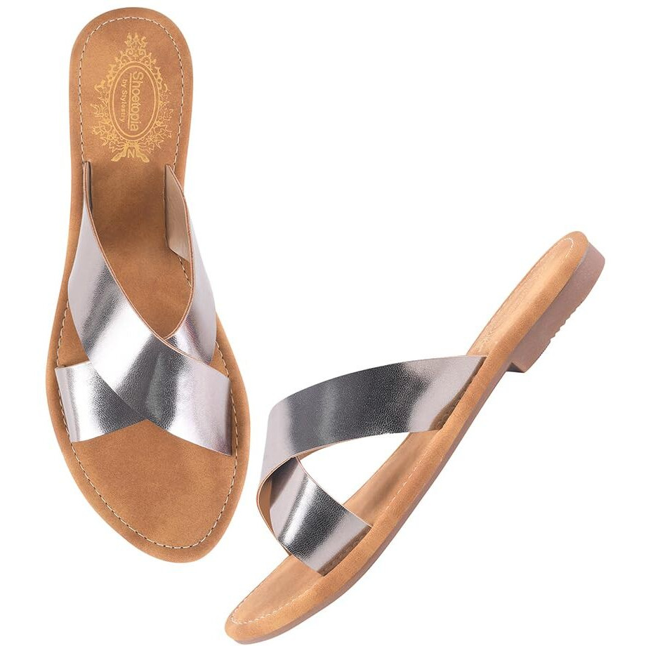 Shoetopia Embellished Cross Strap Grey Flats For Women /Eu41