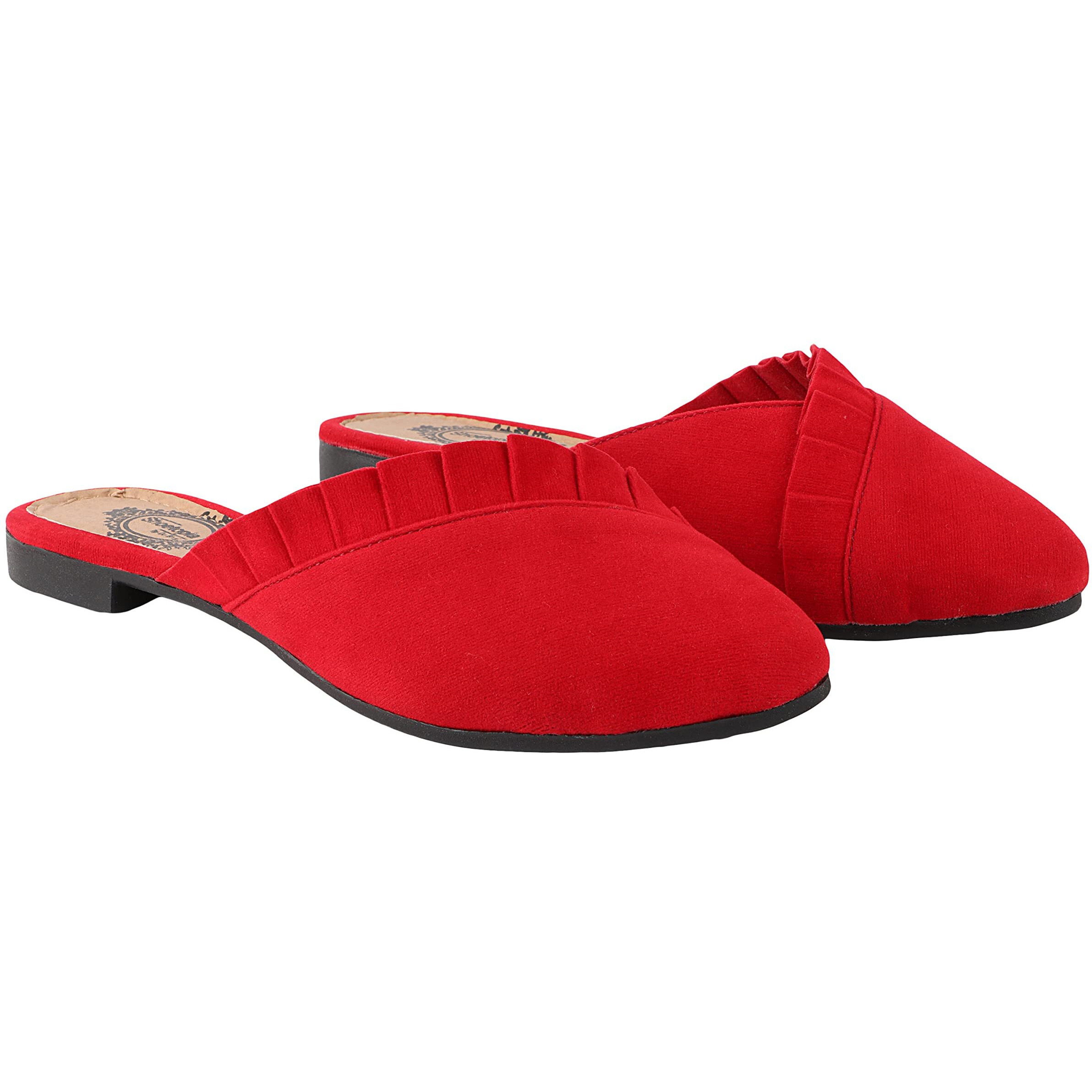 Shoetopia Women's Redfrill Mules  Stylish Slip-On Flats With Pointed Toe & Ruffle Detailing For Casual Eu40