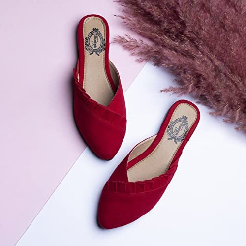 Shoetopia Women's Redfrill Mules  Stylish Slip-On Flats With Pointed Toe & Ruffle Detailing For Casual Eu40