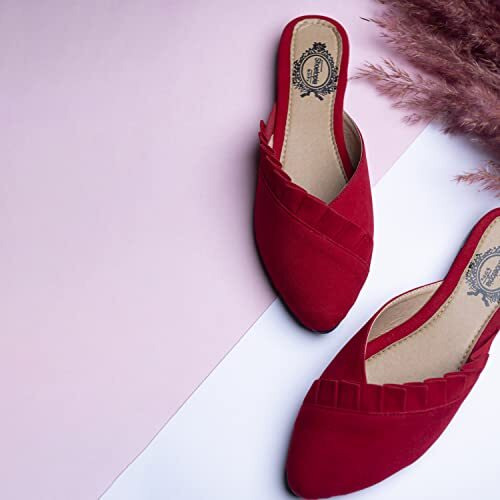 Shoetopia Women's Redfrill Mules  Stylish Slip-On Flats With Pointed Toe & Ruffle Detailing For Casual Eu40