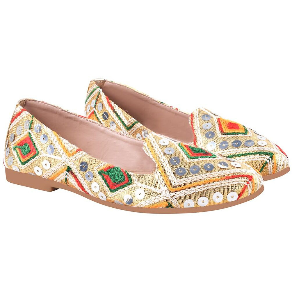Shoetopai Women's Golden Ethnic Embroidered Slip-On Belly With Mirror Work  Traditional Multicolor Juttis For Casual & Festive Eu38