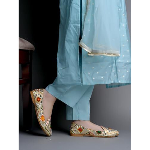 Shoetopai Women's Golden Ethnic Embroidered Slip-On Belly With Mirror Work  Traditional Multicolor Juttis For Casual & Festive Eu38